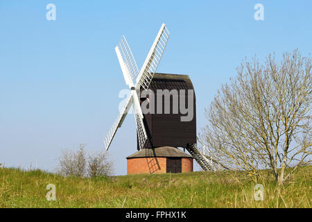 Englische hölzerne Mühle Dorf Bockwindmühle in vor blauem Himmel Stockfoto