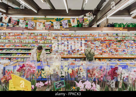 Europa, Deutschland, Hessen, Frankfurt, Kleinmarkthalle, Frauen Blick auf das Angebot von Samen und Blumen shop Stockfoto