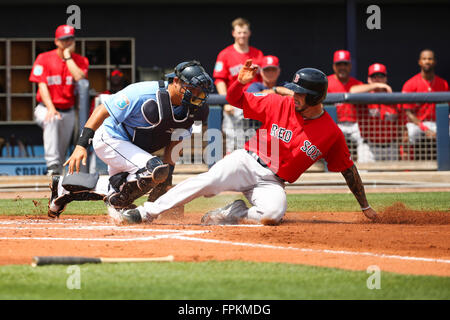 Port Charlotte, Florida, USA. 18. März 2016. WILL VRAGOVIC | Times.Boston Red Sox Catcher Blake Swihart (23) Safe zu Hause im zweiten Inning, Noten auf einer einzigen von Boston Red Sox First Baseman Sam Travis (74) während der Ausstellung Spiel zwischen den Tampa Bay Rays und den Boston Red Sox bei Charlotte Sportpark in Port Charlotte, Florida am Freitag, 18. März 2016. © Willen Vragovic/Tampa Bay Times / ZUMA Draht/Alamy Live News Stockfoto
