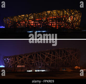 (160319)--Peking, 19. März 2016 (Xinhua)--kombiniert Foto aufgenommen am 19. März 2016 zeigt das Vogelnest oder das Nationalstadion, das Ausschalten Lichter für die jährliche Aktion Earth Hour in Peking, Hauptstadt von China. (Xinhua/Ju Huanzong) (mp) Stockfoto