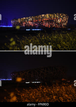 (160319)--Peking, 19. März 2016 (Xinhua)--kombiniert Foto aufgenommen am 19. März 2016 zeigt das Vogelnest oder das Nationalstadion, das Ausschalten Lichter für die jährliche Aktion Earth Hour in Peking, Hauptstadt von China. (Xinhua/Ju Huanzong) (mp) Stockfoto