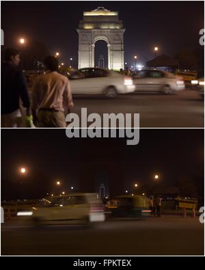 (160319)--NEU-DELHI, 19. März 2016 (Xinhua)--diese Combo-Foto zeigt das India Gate, eines der Wahrzeichen der Hauptstadt vor und nach seiner dimmen während der Earth Hour-Kampagne in Neu-Delhi, Indien, am 19. März 2016. (Xinhua/Bi Xiaoyang) Stockfoto