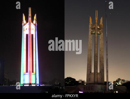 Quezon City, Philippinen. 19. März 2016. Kombinierte Foto zeigt die Quezon Gedenkschrein vor (L) und nach (R) Ausschalten der Beleuchtung für Earth Hour-Jahresveranstaltung in Quezon City, Philippinen, 19. März 2016. © Rouelle Umali/Xinhua/Alamy Live-Nachrichten Stockfoto