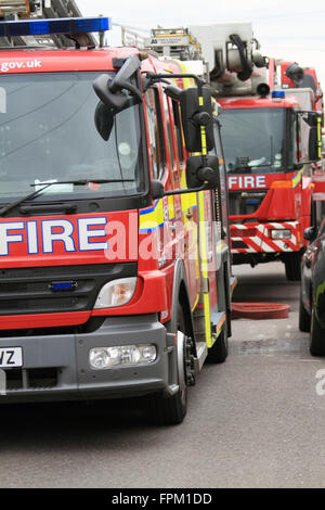 Sonntag, 19. März 16 vier Feuerwehrfahrzeuge und eine Höhe Plattform, rund 20 Feuerwehrleute in Angriff genommen ein Feuer in einem Haus in sieben Könige Ilford. Woodhouse unterwegs, das Feuer beschädigt im ersten Stock des im ersten Stock des Anwesens. Polizei und Krankenwagen besuchte auch die Szene. Stockfoto