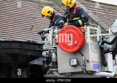 Sonntag, 19. März 16 vier Feuerwehrfahrzeuge und eine Höhe Plattform, rund 20 Feuerwehrleute in Angriff genommen ein Feuer in einem Haus in sieben Könige Ilford. Woodhouse unterwegs, das Feuer beschädigt im ersten Stock des im ersten Stock des Anwesens. Polizei und Krankenwagen besuchte auch die Szene. Stockfoto