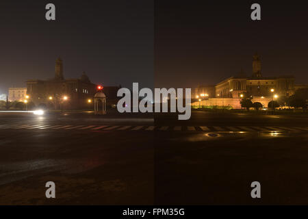 Neu-Delhi, Indien. 19. März 2016. Dieses Combo-Foto zeigt die Residenz des Präsidenten, eines der Wahrzeichen der Hauptstadt vor (R) und nach dem Ausschalten der Lichter für die Earth Hour Kampagne in Neu-Delhi, Indien, 19. März 2016. © Bi Xiaoyang/Xinhua/Alamy Live-Nachrichten Stockfoto