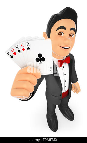 3d-Bow Tie Menschen. tuxedo Mann mit Poker Karten. isoliert weißer Hintergrund. Stockfoto