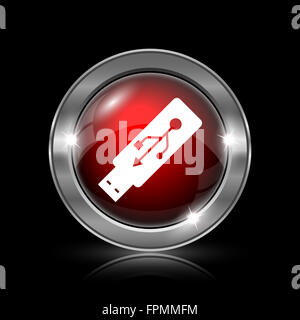 USB-Flash-Laufwerk-Symbol. Metallische Internet-Button auf schwarzem Hintergrund. Stockfoto