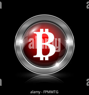 Bitcoin-Symbol. Metallische Internet-Button auf schwarzem Hintergrund. Stockfoto