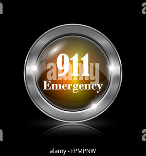 911 Emergency Symbol. Metallische Internet-Button auf schwarzem Hintergrund. Stockfoto