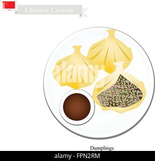 Chinesische Küche, Darstellung der Xiao Long Bao oder chinesische gedämpfte Suppe Knödel. Einer der beliebtesten Knödel in China. Stock Vektor