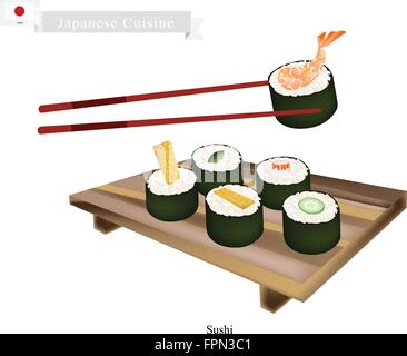 Japanische Küche, Illustration von Ebi Tempura, Tamagoyaki, Surimi, Gurke und Avocado Sushi-Rolle. Eines das beliebteste Gericht Stock Vektor