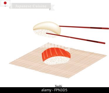 Japanische Küche, Illustration von Lachs Nigiri und Tako Sushi. Eines das beliebteste Gericht in Japan. Stock Vektor