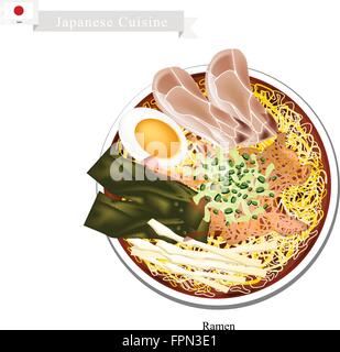 Japanische Küche, Ramen oder Nudelsuppe mit geschnittenem Schweinefleisch, getrockneten Algen, Schnittlauch, eingelegte Bambussprossen und gekochtes Ei. Eines der Stock Vektor