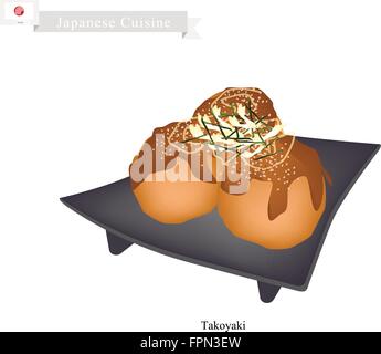 Japanische Küche, Takoyaki Weizenmehl hergestellt auf der Basis Teig gefüllt mit gewürfelten Octopus mit Worcester-Sauce und Mayonnaise. Ein o Stock Vektor