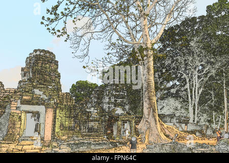 Riesige Chambak oder Kapok, Baum, Irvingia Malayana wächst über das 12. Jahrhundert Banteay Kdei Tempel, Kambodscha, Stockfoto