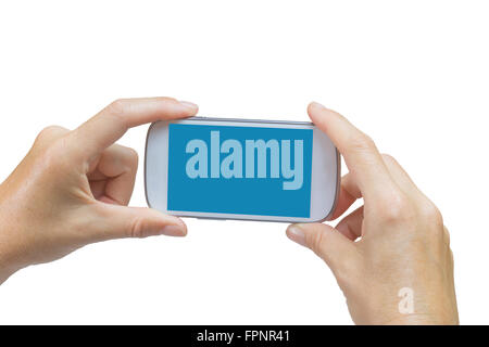 Weibliche Hand hält Smartphone und ist bereit, ein Bild vom Smartphone. Smart-Phone hat leere blaue Touchscreen. Stockfoto
