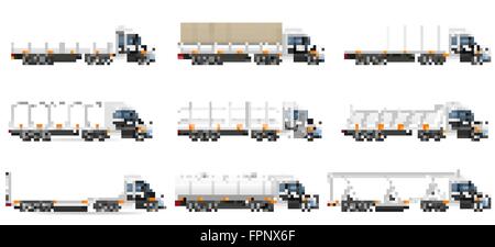 Stellen Sie Icons LKW Semi Trailer Vektor-Illustration isoliert auf weißem Hintergrund Stock Vektor