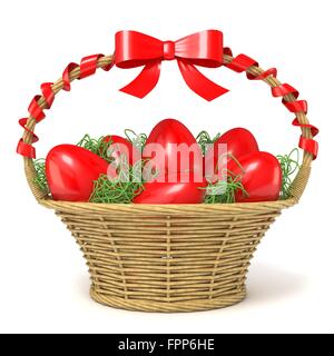 Osterkorb voll von roten Eiern mit roter Schleife. 3D-Render Abbildung isoliert auf weißem Hintergrund Stockfoto