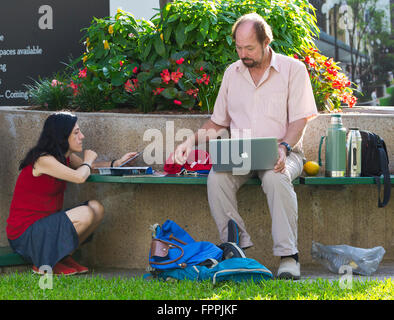 männliche und weibliche Partner Büroangestellte nehmen Mittagessen während Laptops im Park neben Büros zu benutzen. Brisbane-Australien