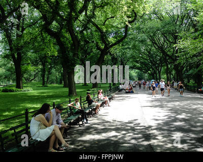 Blick auf den breiten Gehweg im New Yorker Central Park mit vielen Menschen aus den sonnigen Tag genießen Stockfoto
