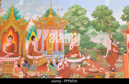 Thai, Wandbild Mythologie buddhistischen Kunstreligion an Wand in Wat Neramit Vipasama, Dansai, Loei, Thailand Stockfoto