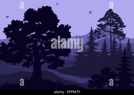 Landschaft, Berge, Bäume und Vögel Stock Vektor