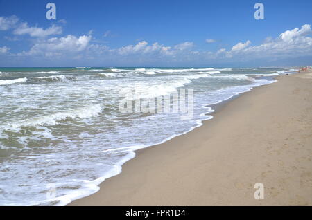 Unruhige Meer am Sandstrand Marina di Vecchiano in der Nähe von Pisa, Toskana in Italien Stockfoto