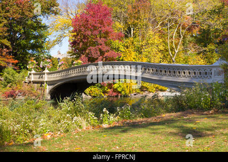 Buntes Herbstlaub umgeben schöne Bogenbrücke im Central Park in Manhattan in New York City Stockfoto
