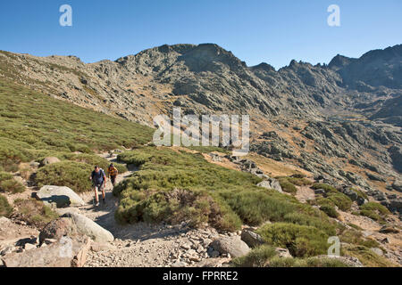 Europa, Spanien, Kastilien-León, Sierra de Gredos, Nationalpark, Wanderer auf einem Pfad, robuste Bergblick Stockfoto