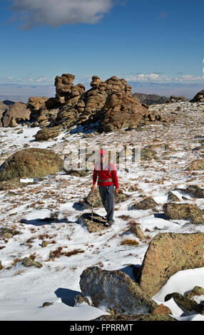 WY01325-00... WYOMING - Wanderer auf Bergrücken führt zu den Bären Ohren auf frische, späten Sommer, Schnee im Popo Agie Wildnisgebiet. Stockfoto