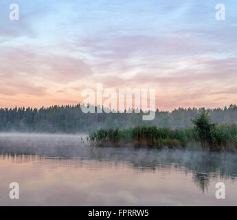 Neblig Sunrize Fluss und See. Stockfoto