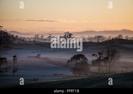 Einen schönen Winter Sonnenaufgang in Neuseeland in der Landschaft mit sanften lila Farben. Stockfoto