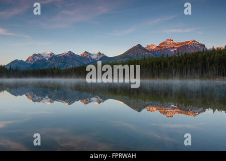 Der Bug-Bereich spiegelt sich in Herbert Lake in der Morgendämmerung, Banff Nationalpark, Kanadische Rockies, Provinz Alberta, Kanada Stockfoto