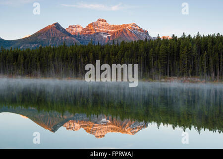 Der Bug-Bereich spiegelt sich in Herbert Lake in der Morgendämmerung, Banff Nationalpark, Kanadische Rockies, Provinz Alberta, Kanada Stockfoto