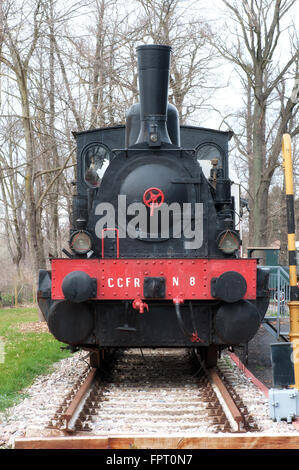Vorderansicht auf einzelne alte altmodische betriebene Dampflok im Freilichtmuseum Display im winter Stockfoto