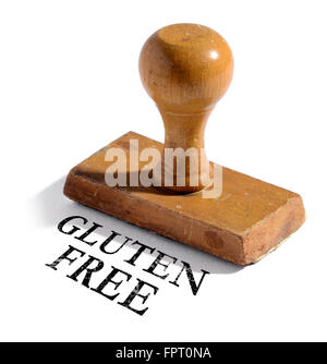 Einzelne alte altmodischen hölzernen Stempel mit Drop Shadow und Gluten freien Text auf weißem Hintergrund Stockfoto