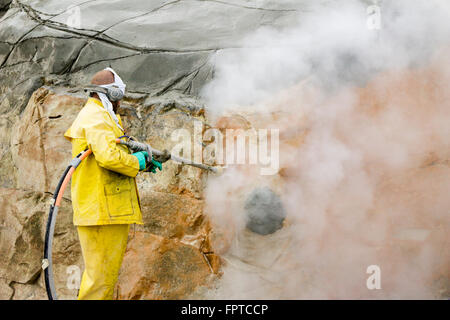 Wartung Worker Dampfreinigung Felsen in Dichtung Gehäuse. Lincoln Park Zoo, Chicago, Illinois. Stockfoto