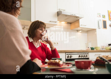 Zwei ältere Frau, die eine ernste Gespräch in Küche, München, Bayern, Deutschland Stockfoto