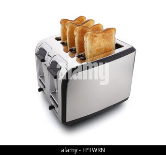 Neue moderne vier Slice Toaster mit geröstetem Brot, isoliert auf weiss Stockfoto