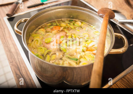 Hühnersuppe kocht mit Lauch und Karotte in einem Topf auf Herd, München, Bayern, Deutschland Stockfoto