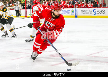 Carolina Hurricanes linken Flügel Nathan Gerbe (14) während der NHL-Spiel zwischen den Boston Bruins und die Carolina Hurricanes in der PNC-Arena. Stockfoto