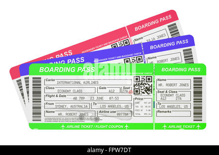 Boarding Pass Tickets isoliert auf weißem Hintergrund Stockfoto