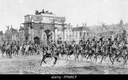 Vintage Militär Drucken von Napoleon ich Überprüfung seiner Truppen in der Nähe des Arc de Triomphe du Carrousel in Paris, Frankreich. Stockfoto