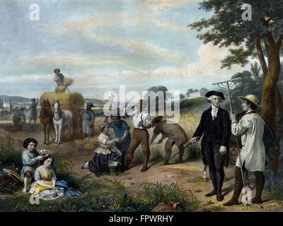 Vintage American History Drucken von George Washington, auf seiner Farm, wie Sklaven das Land hinter ihm zu arbeiten. Es liest, Leben von George W Stockfoto