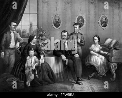 Vintage Bürgerkrieg Print von General Ulysses S. Grant und seiner Familie zu Hause posiert. Stockfoto