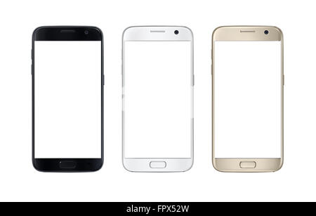 Moderne Smartphones in drei Farben. Weißer Bildschirm für Mockup, isoliert. Stockfoto