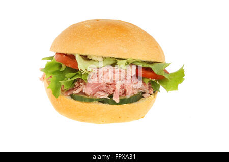 Schweinefleisch und Salat in einem knusprigen Brötchen gegen Weiße isoliert gezogen Stockfoto