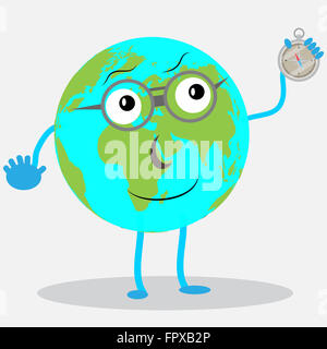 Charakter-Globus mit Compas. Erde Cartoon, globale Planet Welt, Symbol Person, Karte und Kompass. Abstrakte flache Vektorgrafik Stockfoto