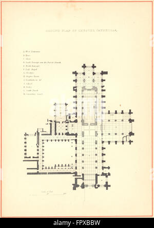 CHESHIRE: Plan Chester Cathedral, antiken Druck 1850 Stockfoto